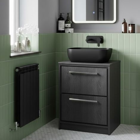 Hudson Reed Lille Floor Standing 2-Drawer Vanity Unit with Worktop 600mm Wide - Graphite Grey Woodgrain (1/5)
