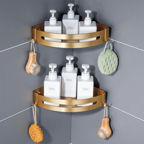 Étagères de salle de bain couleur or brossé, lot de 2, organisateur d'angle de douche, porte-shampoing, fixation adhésive ou à percer (1/5)