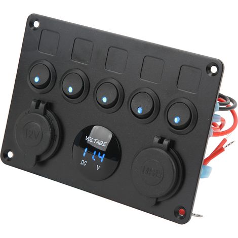 Panneau de commande étanche à 5 interrupteurs LED 12-24 V avec voltmètre numérique rétroéclairé (bleu) pour bateaux, camping-cars, remorques et camions. (1/5)