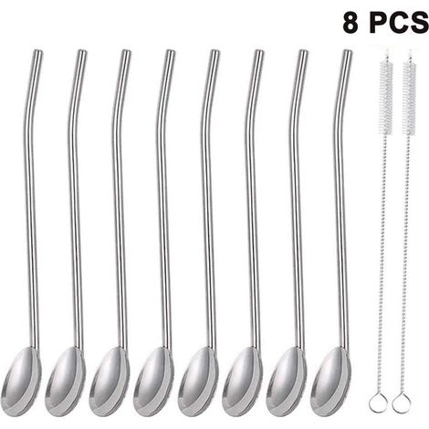 Cuillère à paille en acier inoxydable, paille réutilisable en métal, cuillère à paille en métal, ensemble de cuillères à cocktail avec paille, cuillère à latte macchiato (8 pièces)