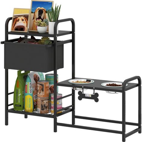 Dispensador de comida para perros elevado con cajón de almacenamiento, altura ajustable, negro. (1/2)