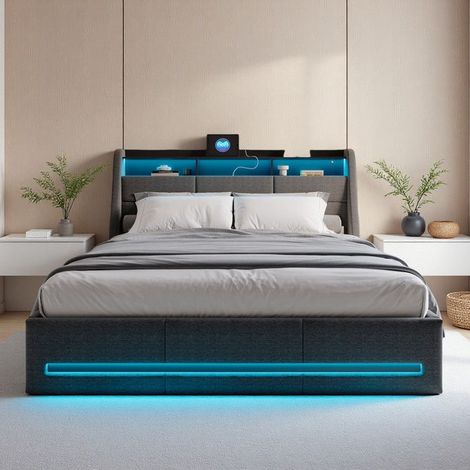 Doppelbett 140x200cm - Hydraulikbett mit Stauraum - RGB-LED - USB-Anschlüsse - Gepolsterter Kopfteil