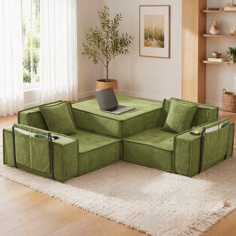 Canapé-lit 2 places modulable en chenille verte avec 2 coussins, poches latérales et porte-gobelets (1/5)