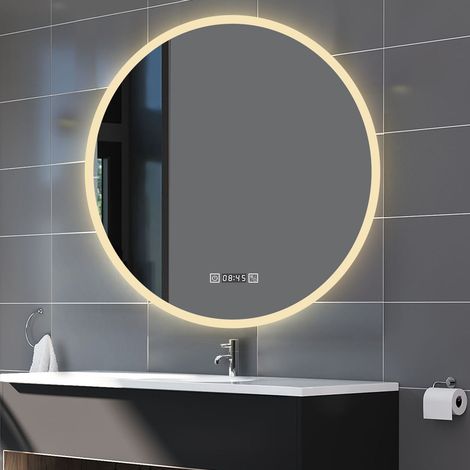 Biubiubath – Miroir lumineux de salle de bain 80x80cm – LED tricolore – Anti-buée avec horloge – Interrupteur tactile – Classe énergétique A+