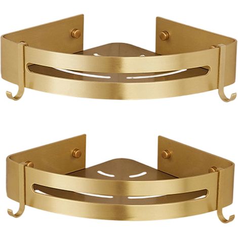 Étagères flottantes d\'angle pour salle de bain - Étagère murale en aluminium brossé doré pour shampooing, cosmétiques, gel douche - brossé or 2 pieces (1/5)