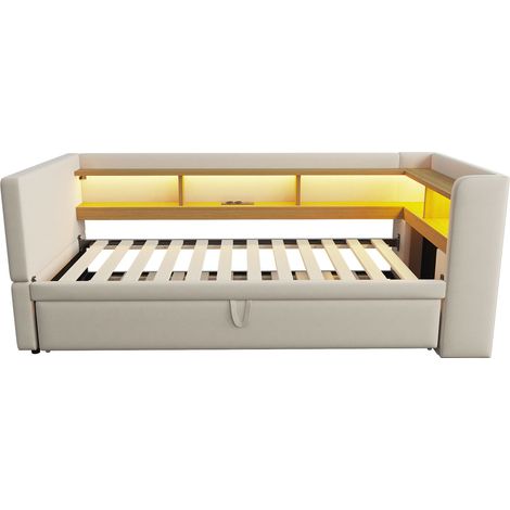 Divano letto imbottito beige 90/180 x 190 cm con LED, prese e vani portaoggetti HOMVRA (1/5)