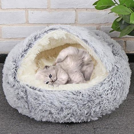 Gemütliches graues Plush-Iglu-Bett für Katzen und kleine bis mittelgroße Hunde - Beruhigende warme Tierhöhle, 40cm