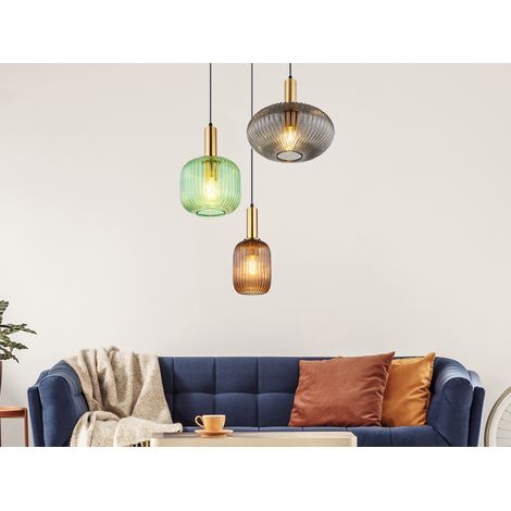 LED Pendelleuchte aus Rillenglas bunt mit 3 Glasschirmen, Ø 55cm (1/5)
