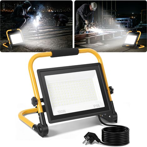 Jiubiaz Faro da cantiere LED 100W bianco freddo 6500K IP66 lampada da lavoro con supporto e cavo 3m per giardino balcone esterno (1/5)