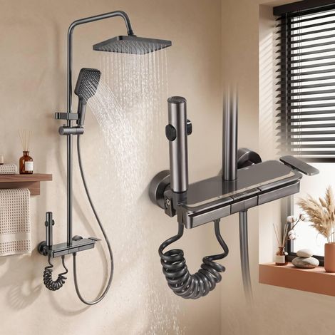 Système de douche avec douche à effet pluie, kit de douche 4 fonctions avec touches de piano, colonne de douche avec pommeau et douchette en ABS, kit complet de douche pour salle de bain (1/5)