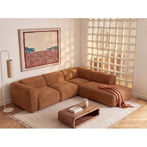 Grande divano componibile angolare con schienale chaise longue in velluto a coste sottili terracotta - POGNI di Maison Céphy (1/5)