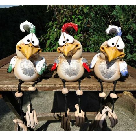 Lot de 3 Statues de Poule - Résine Grise - Décoration de Jardin Extérieur - Figurine Artisanale - 28 cm