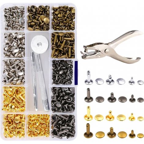 360 Pièces Pince à Rivet Métal 3 Tailles Double Rivet Double Casquette Rivets Cuir Goujons Tubulaires pour Artisanat en Cuir Réparation (1/5)