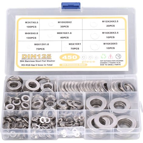 Lot de 450 rondelles plates en acier inoxydable 304, assortiment M3 M4 M5 M6 M8 M10 M12 M14 M16 (1/5)