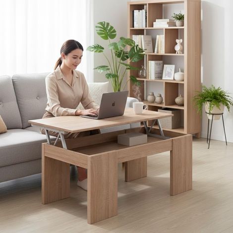 Tavolino da Caffè Con Piano Rialzabile Con Vano Contenitore Alzabile Tavolo da Salotto Moderno Salvaspazio Ideale per Mangiare Lavorare e Organizzare il Soggiorno 100 x 50 x 42 cm Bianco - Colore: Bia (1/5)