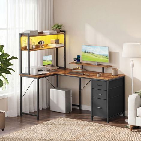 Bureau d'Angle Gamer avec LED, Prises USB et 3 Tiroirs, 140 x 100 x 150 cm, Marron Rustique (1/5)