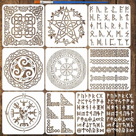 9Pcs Pochoirs à Motifs avec un Pinceau 2 Tailles Pochoirs de Peinture Symboles Modèle Thèmes pour Bois Mur Sol Carrelage Meuble DIY Scrapbook 20x20cm, 297x210mm (1/5)