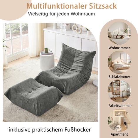 Canapé relax gris avec dossier inclinable et repose-pieds, fauteuil convertible, pouf moelleux en forme d’ours pour salon, chambre, bureau, appartement, assise confortable une place. (1/5)