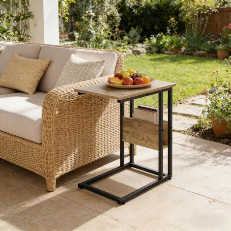 Table d'appoint en C rectangulaire - 36x55x59,5 cm - Bout de canapé fixe gain de place laptoptisch meuble de salon - Gris effet bois (1/5)
