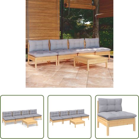 Canapé extérieur - Salon de jardin 5 pcs avec coussins gris bois de pin (1/5)