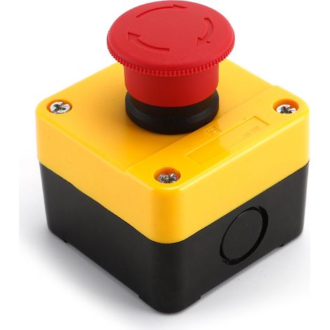 Un bouton d'arrêt d'urgence avec boîtier, un interrupteur d'arrêt d'urgence pour l'ascenseur et un bouton marche/arrêt. (1/5)