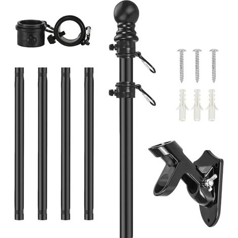 Mât de Drapeau 150 cm en Aluminium Noir avec Support Mural Inox Anneaux Rotatifs pour Extérieur Jardin Balcon sans Drapeau (1/5)