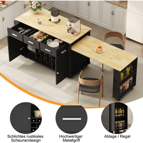 Îlot de cuisine roulant avec plateau rabattable, meuble de rangement à tiroirs, 136 (223) x 50 x 93 cm, 3 tiroirs, casier bouteilles, multiprise USB, 7 roues pivotantes, finition noir chêne (1/5)