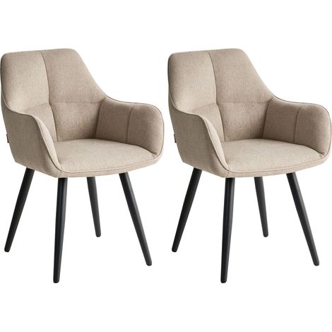 Set of 2 Dining Accent Chairs Beige Faux Linen Upholstery with Armrests Metal Base Modern Design TIRANO (1/5)