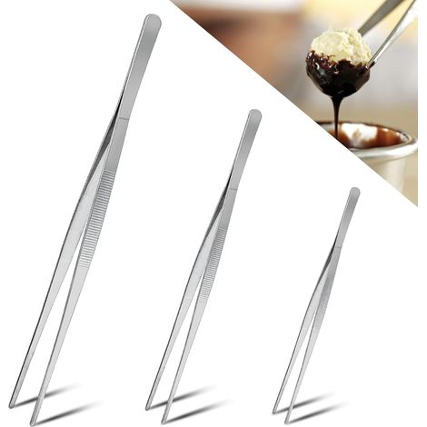Set di 3 pinze da cucina in acciaio (20 cm, 25 cm, 30 cm), pinze da cucina professionali, pinze da cucina professionali, pinze da cucina in acciaio inox, bistecche, barbecue (piatte) (1/5)
