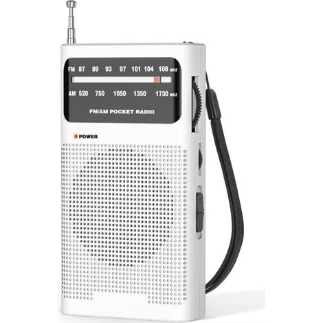 Small radio, portable FM/AM radio, pocket battery-powered radio, excellent reception and sound quality, white (1/4)