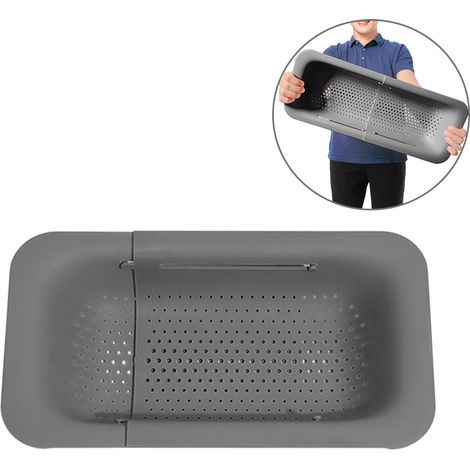 Panier d'égouttement rétractable en plastique gris, séchoir d'évier extensible, passoire à légumes et fruits réglable, support de drainage pour évier.