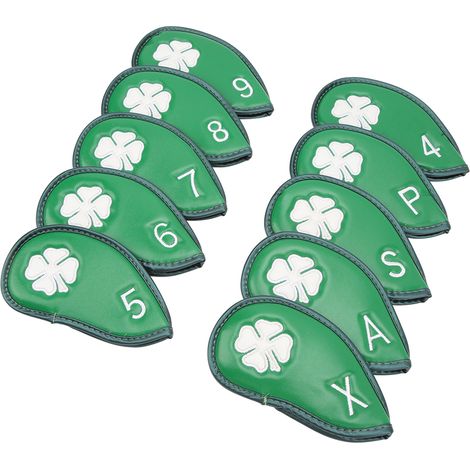 Lot de 10 couvre-clubs de golf en PU imperméable, motif trèfle à quatre feuilles, élégants et adaptés à la plupart des clubs, couleur verte. (1/5)