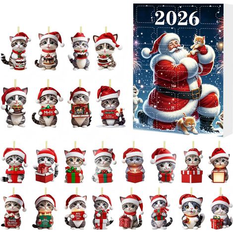 Calendrier de l'Avènement des Chats de Noël, Boîte Surprise, Ornement Chat en Acrylique, Décoration de Sapin de Noël, Coffret Cadeau, Style F (1/2)