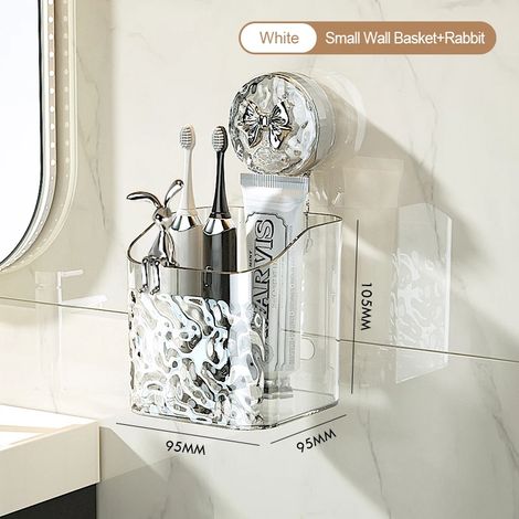 (Blanc 2-M) Étagère de salle de bain murale avec panier de rangement à ventouse non perforé, motif glacier, pour produits de rangement à domicile (1/5)