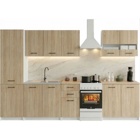Cuisine complète Sanclar BOIS chêne 250 cm avec colonne et meuble vitré - 7 éléments