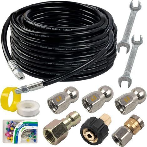 Kit de jet d'égout pour nettoyeur haute pression de 15m, tuyau de nettoyage de canalisations de 6,35 mm, orifice 4.0 bouton nez et buse rotative pour égout (1/4)