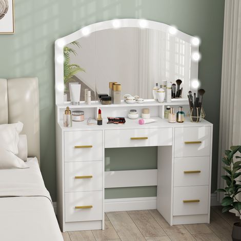 Coiffeuse avec 10 lampes LED style Hollywood, miroir, 7 tiroirs, 3 compartiments, MDF, blanc (1/5)
