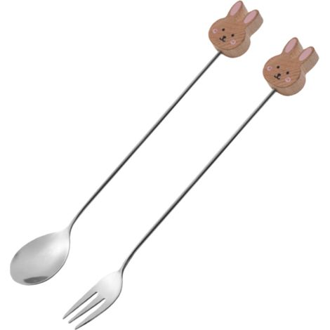 Ensemble de 2 pièces : fourchette et cuillère, motif lapin, acier inoxydable et bois d’érable blanc. Peut servir de cuillère à café, de cuillère à miel, etc. (voir photo). (1/4)