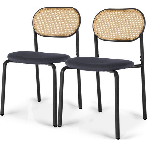 Juego de 2 sillas de comedor con respaldo de ratán trenzado, diseño ergonómico, asiento acolchado, patas ajustables, aptas para comedor y salón - Negro