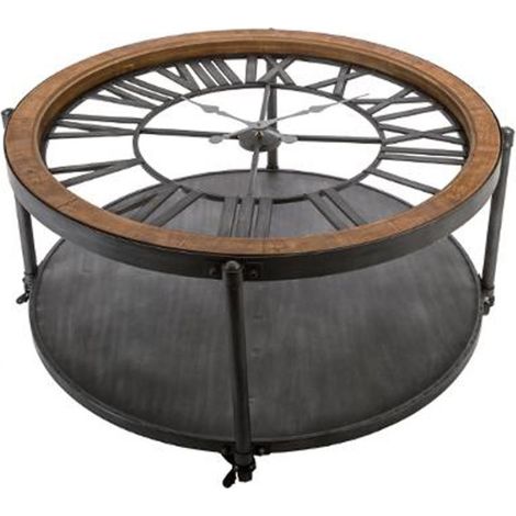 Atmosphera – Table basse ronde en métal noir 89cm – Horloge intégrée – Montage sur roulettes – Fer, MDF, verre trempé (1/3)