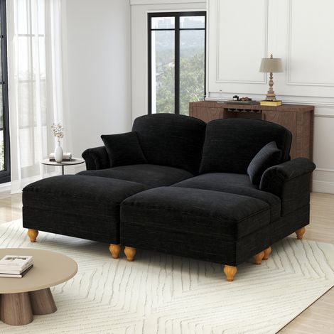 Canapé 2 places Chenille schwarz mit abnehmbarem Rüschenrock und beweglichem Hocker (1/5)