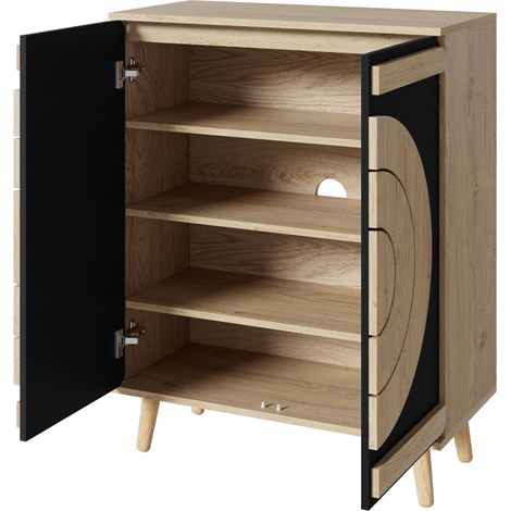 Zapatero moderno con puertas geométricas redondas, varios estantes y patas de madera (1/5)