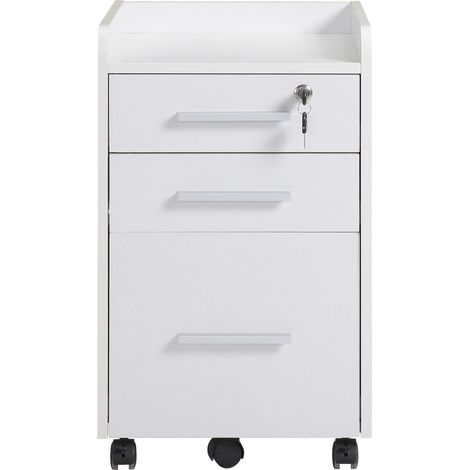 Meuble de bureau à roulettes avec 3 tiroirs (dont 1 verrouillable) et 1 casier à dossiers suspendus, en bois blanc.