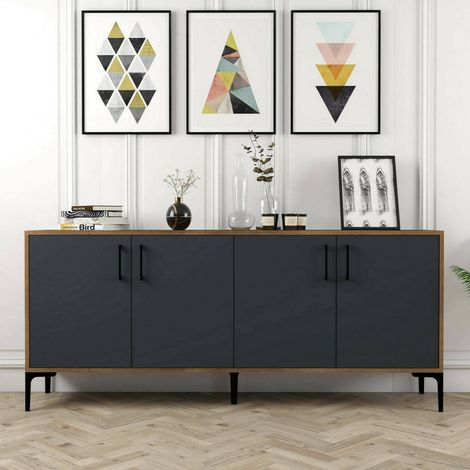 Dmora - Kommode Orionis, Wohnzimmerbuffet, Wohnzimmer-Sideboard, Moderne Küchen-Speisekammer, 180x35h78 cm, Walnuss und Anthrazit, mit verstärkter Verpackung (1/5)