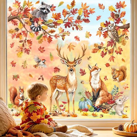 Autocollant Fenêtre Automne Feuilles Arbre Branche Sticker Forêt (1/5)