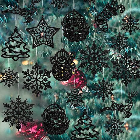 Decoraciones navideñas colgantes - Juego de 20 adornos plateados con purpurina con muñeco de nieve, reno, Papá Noel y copos de nieve, para (1/5)
