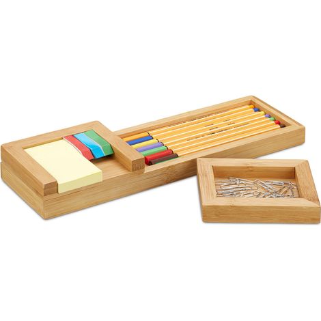 Support à crayons, Organiseur de bureau en 3 pièces, Support & porte stylos, HLP 3,8 x 31 x 9 cm, naturel (1/5)