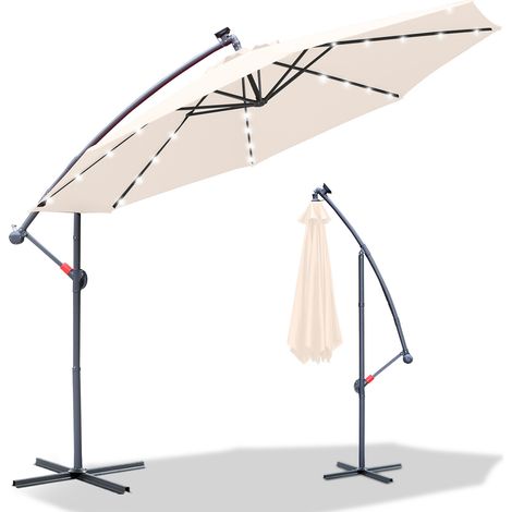 Sonnenschirm mit LED 300 cm Beige – mit Kurbel & Ständer – UV-Schutz wasserabweisend knickbar – Strandschirm Marktschirm (1/5)