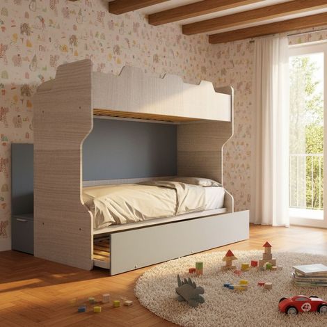 Letto a castello con scala contenitore e terzo letto estraibile - Cameretta salvaspazio - Rovere Rock e Avio