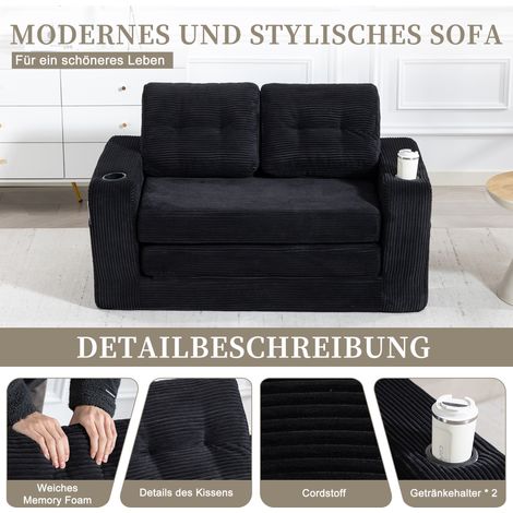 Canapé convertible 2 places en velours côtelé, avec porte-gobelets et rangements latéraux, pouf double sans cadre, sofa à coussins matelassés et dossier haut, fauteuil gonflable XXL pour salon
